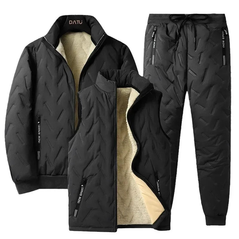 Fleece-Lined Warm Winter Three-Piece Set Cotton Coat Jacket Windproof Thickened Sheep Velvet Trousers Casual Style