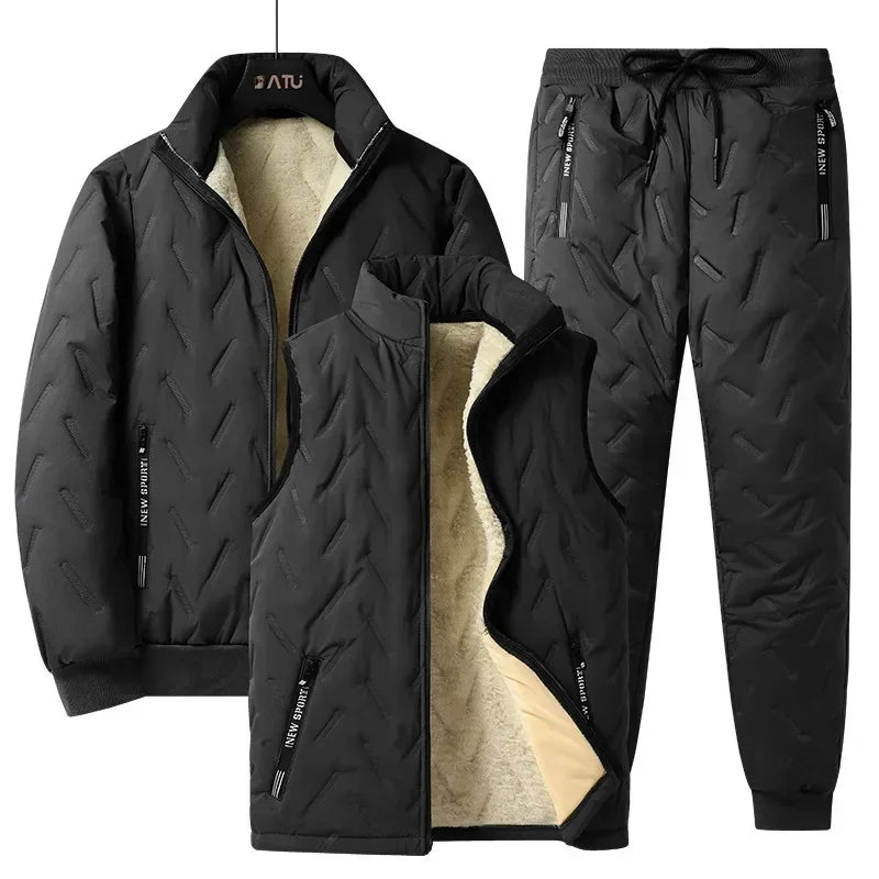 Fleece-Lined Warm Winter Three-Piece Set Cotton Coat Jacket Windproof Thickened Sheep Velvet Trousers Casual Style