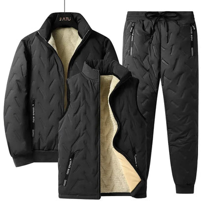 Fleece-Lined Warm Winter Three-Piece Set Cotton Coat Jacket Windproof Thickened Sheep Velvet Trousers Casual Style