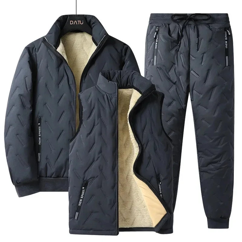 Fleece-Lined Warm Winter Three-Piece Set Cotton Coat Jacket Windproof Thickened Sheep Velvet Trousers Casual Style