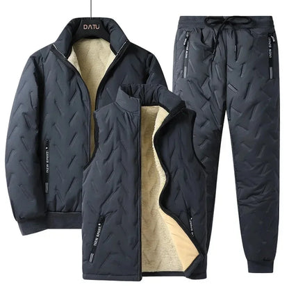Fleece-Lined Warm Winter Three-Piece Set Cotton Coat Jacket Windproof Thickened Sheep Velvet Trousers Casual Style